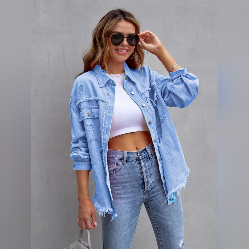 Oversized Distressed Boyfriend Denim Exposed Seam Button-Up Raw Hem Jean Jacket